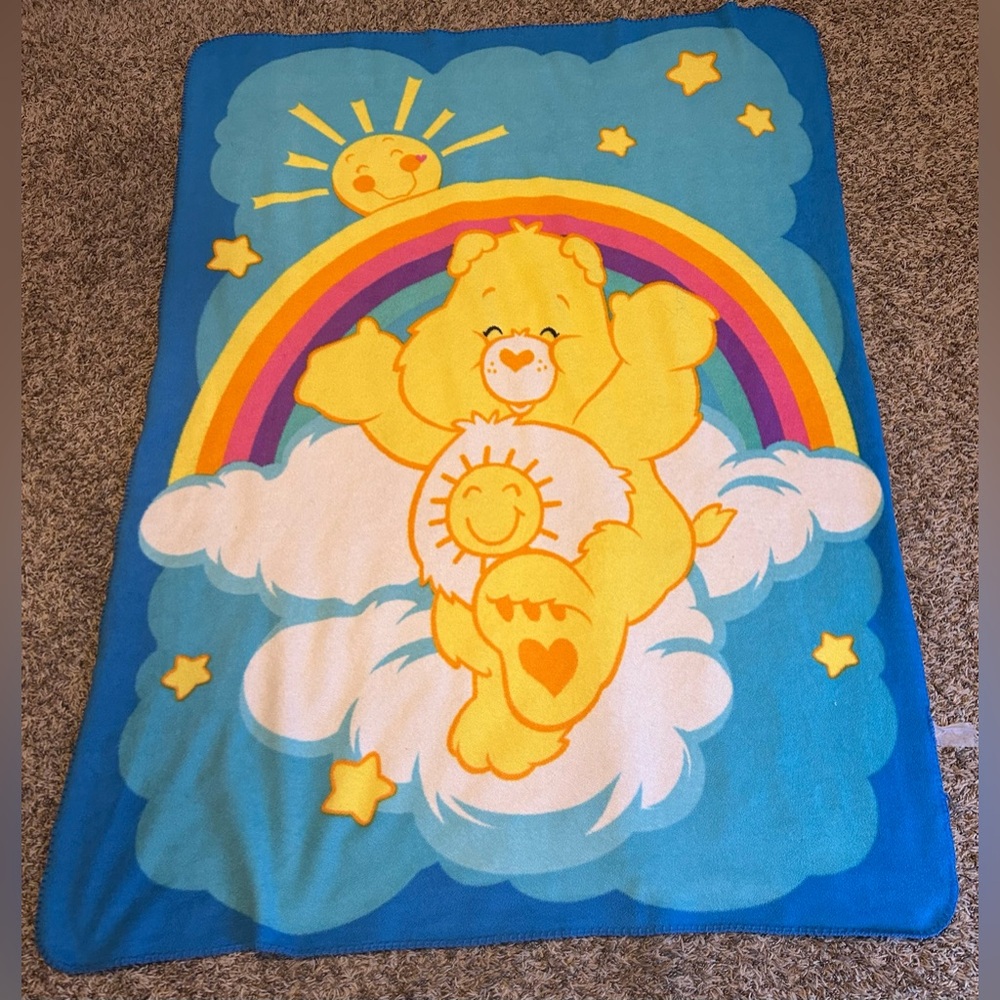 Vintage Care Bears Funshine Bear Fleece Throw Blanket Blue - Picture 4 of 4